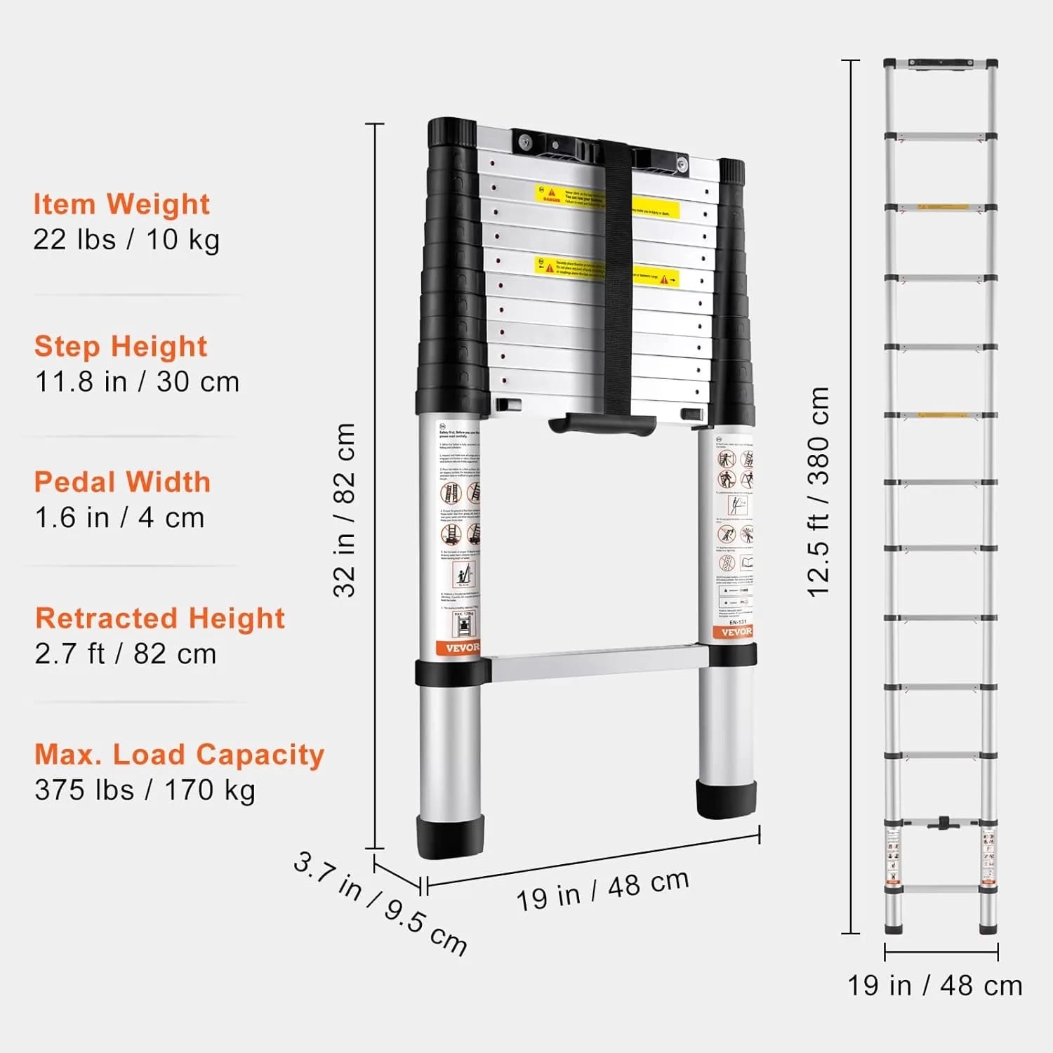 12.5 ft. Aluminum Telescoping Ladder with Triangle Stabilizers, 330 lbs. Capacit - Photo 2