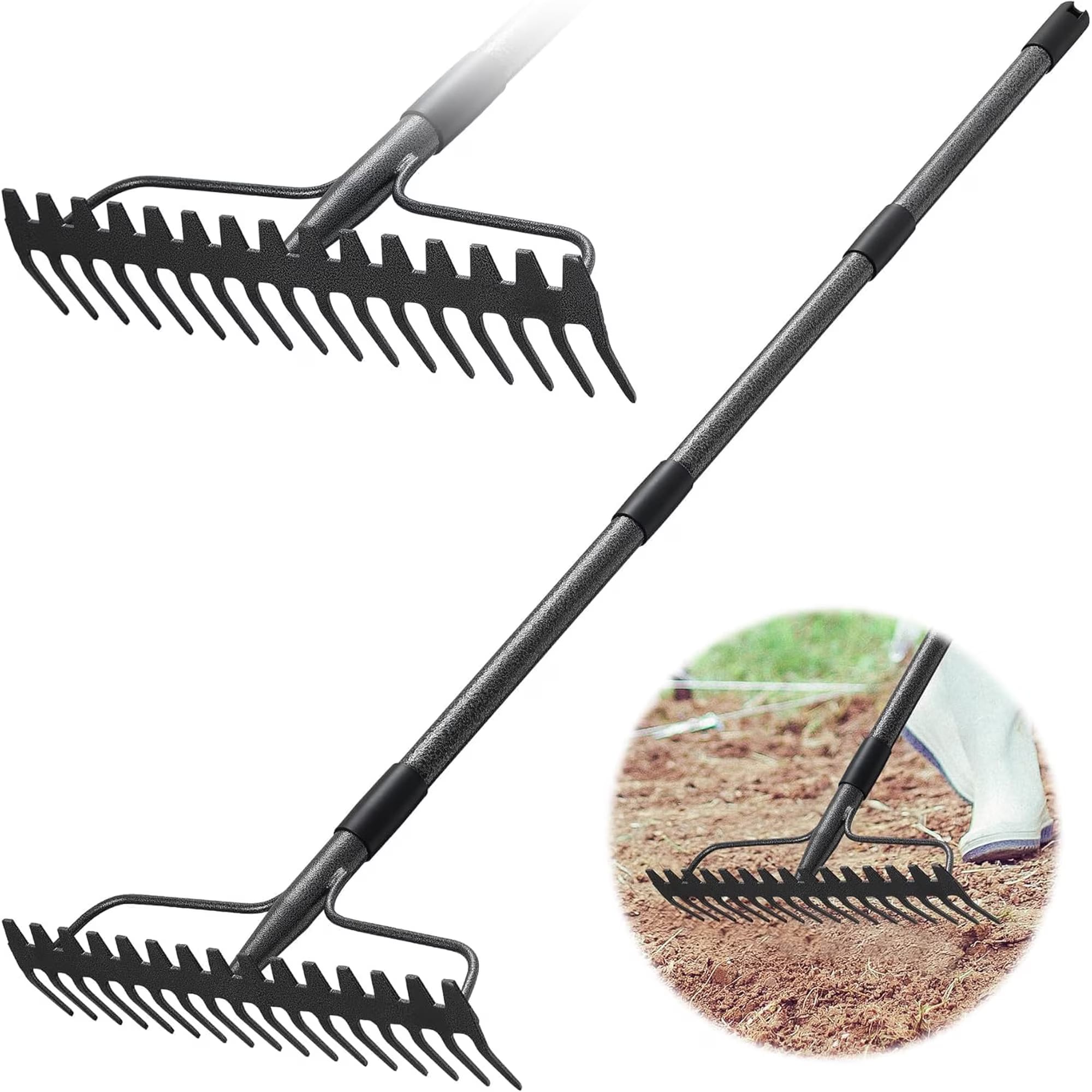 Garden Rake 77 inch 17 Tongs, Heavy Duty Metal Rake for Leveling, Grass, Wedding