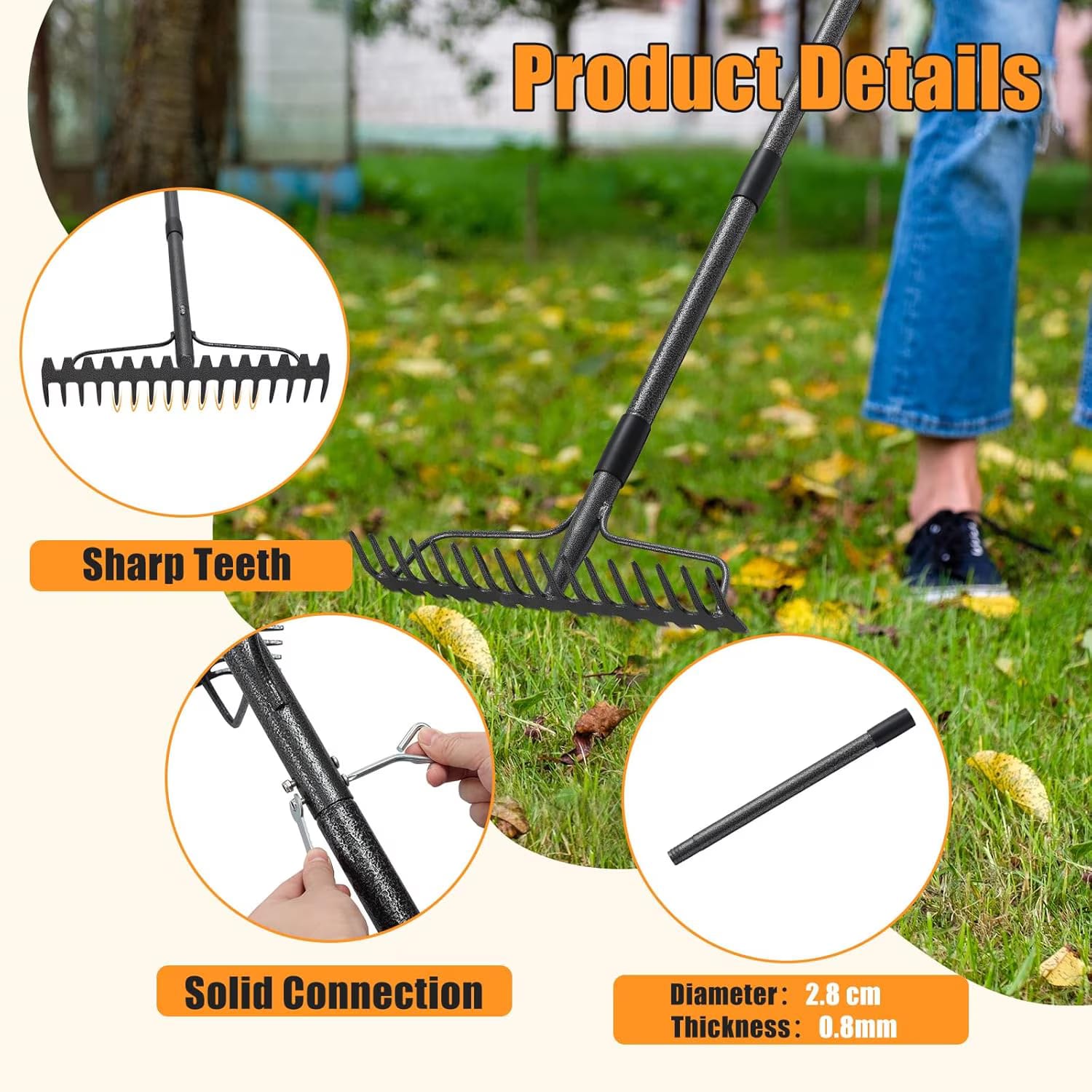 Garden Rake 77 inch 17 Tongs, Heavy Duty Metal Rake for Leveling, Grass, Wedding - Photo 2