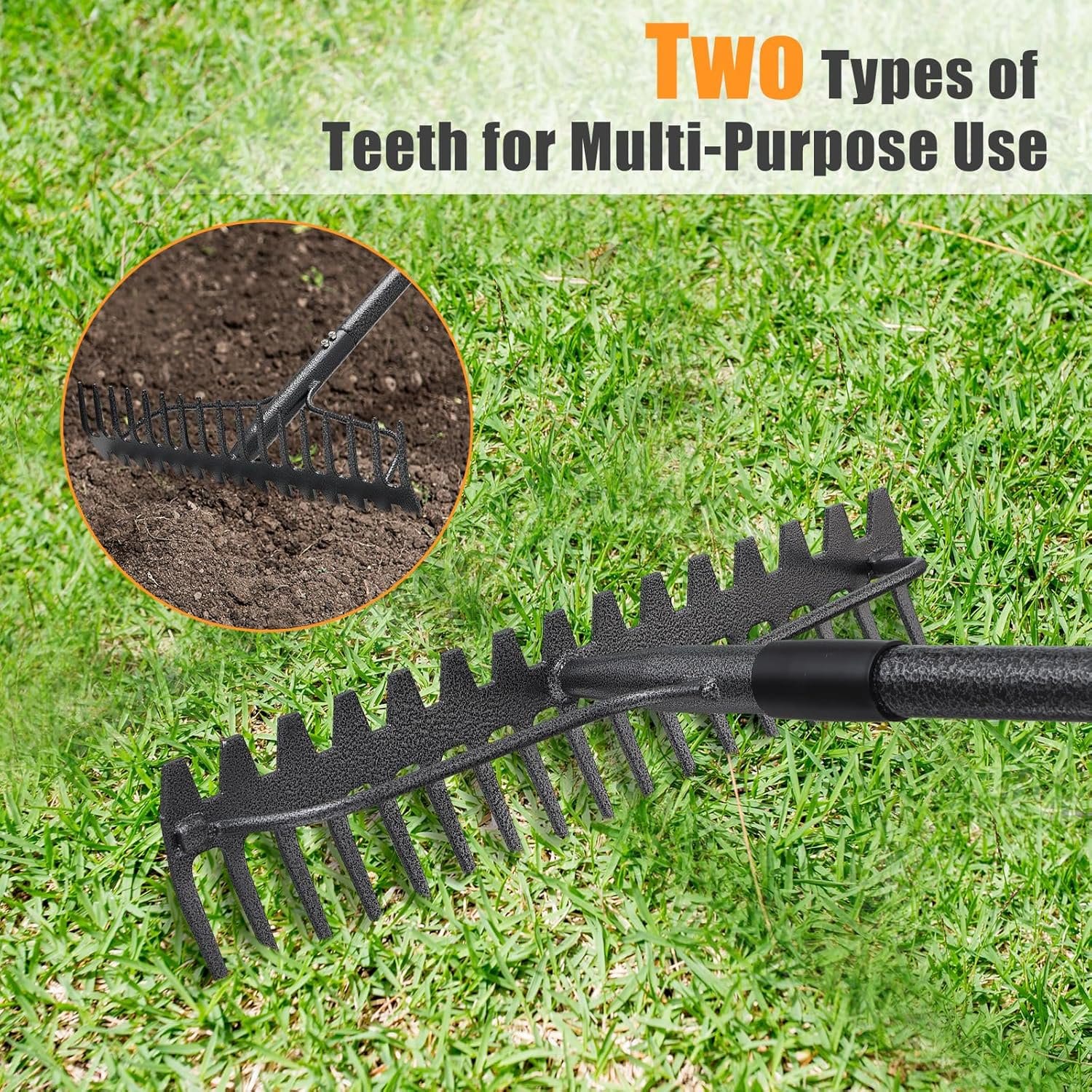 Garden Rake 77 inch 17 Tongs, Heavy Duty Metal Rake for Leveling, Grass, Wedding - Photo 3