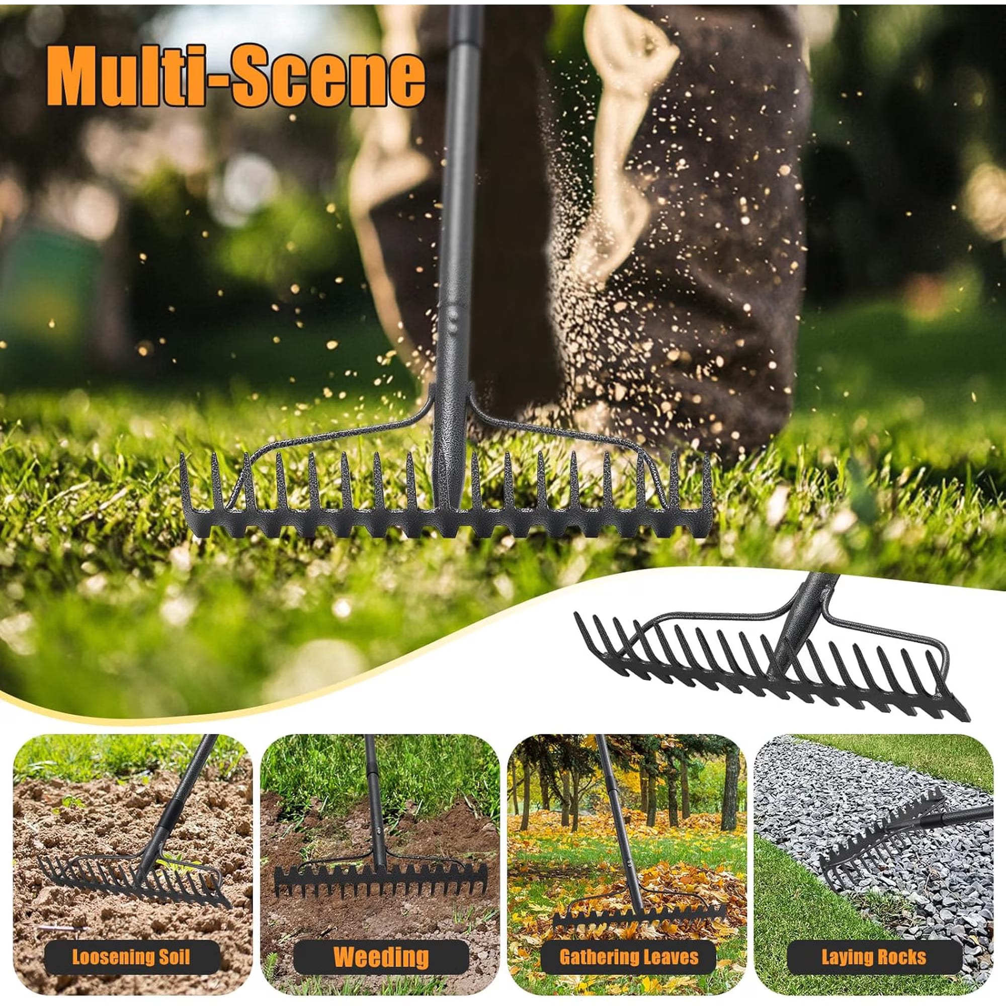 Garden Rake 77 inch 17 Tongs, Heavy Duty Metal Rake for Leveling, Grass, Wedding - Photo 4